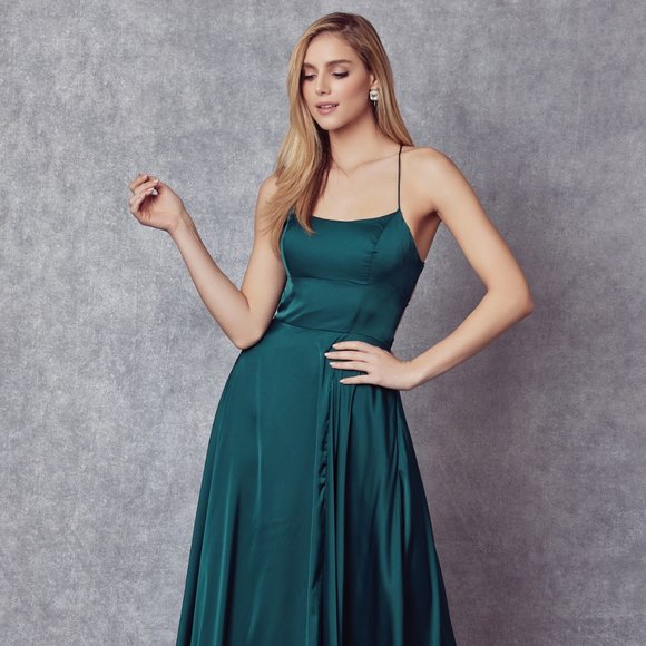 NEW OFF THE SHOULDER SLEEVELESS A-LINE POLYESTER DRESS WITH LACE UP BACK JT 278 - Picture 4 of 9